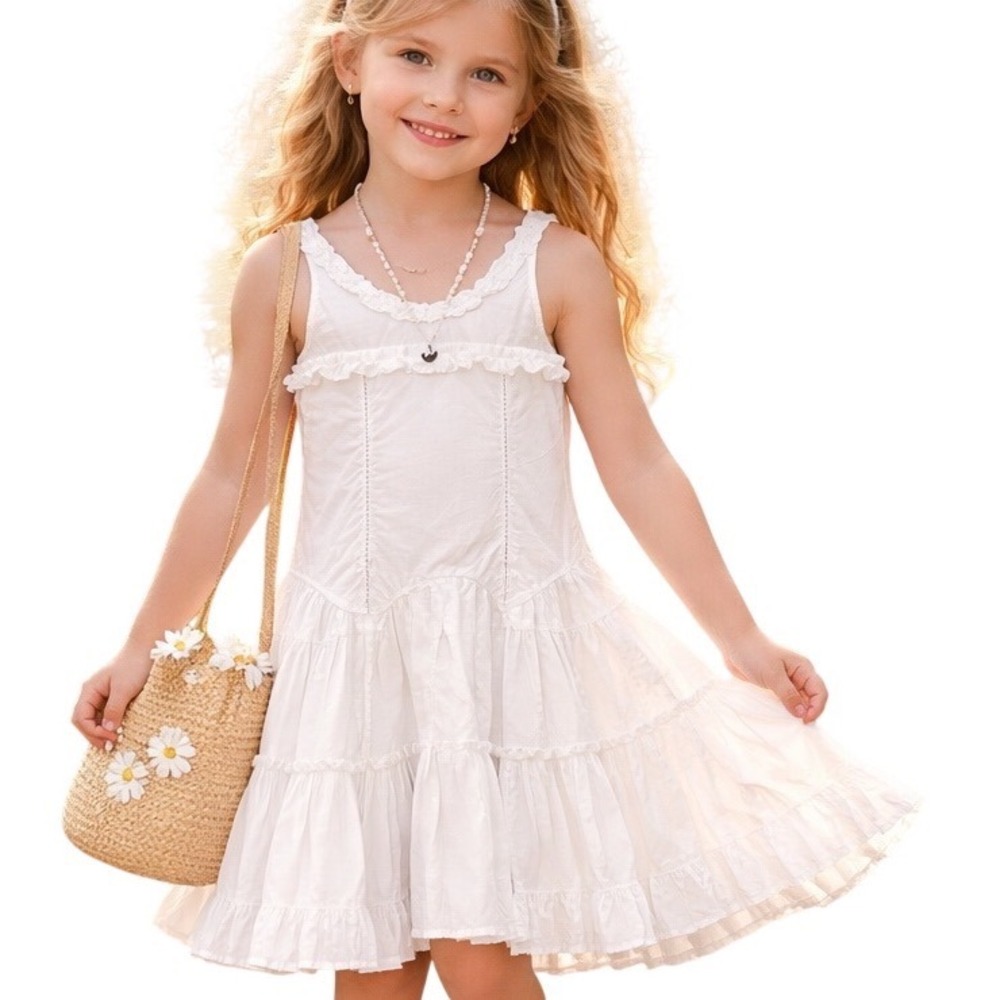 jottum Girls' Sleeveless Button Back Ruffled A-Line Casual Dress White‎ Size 8